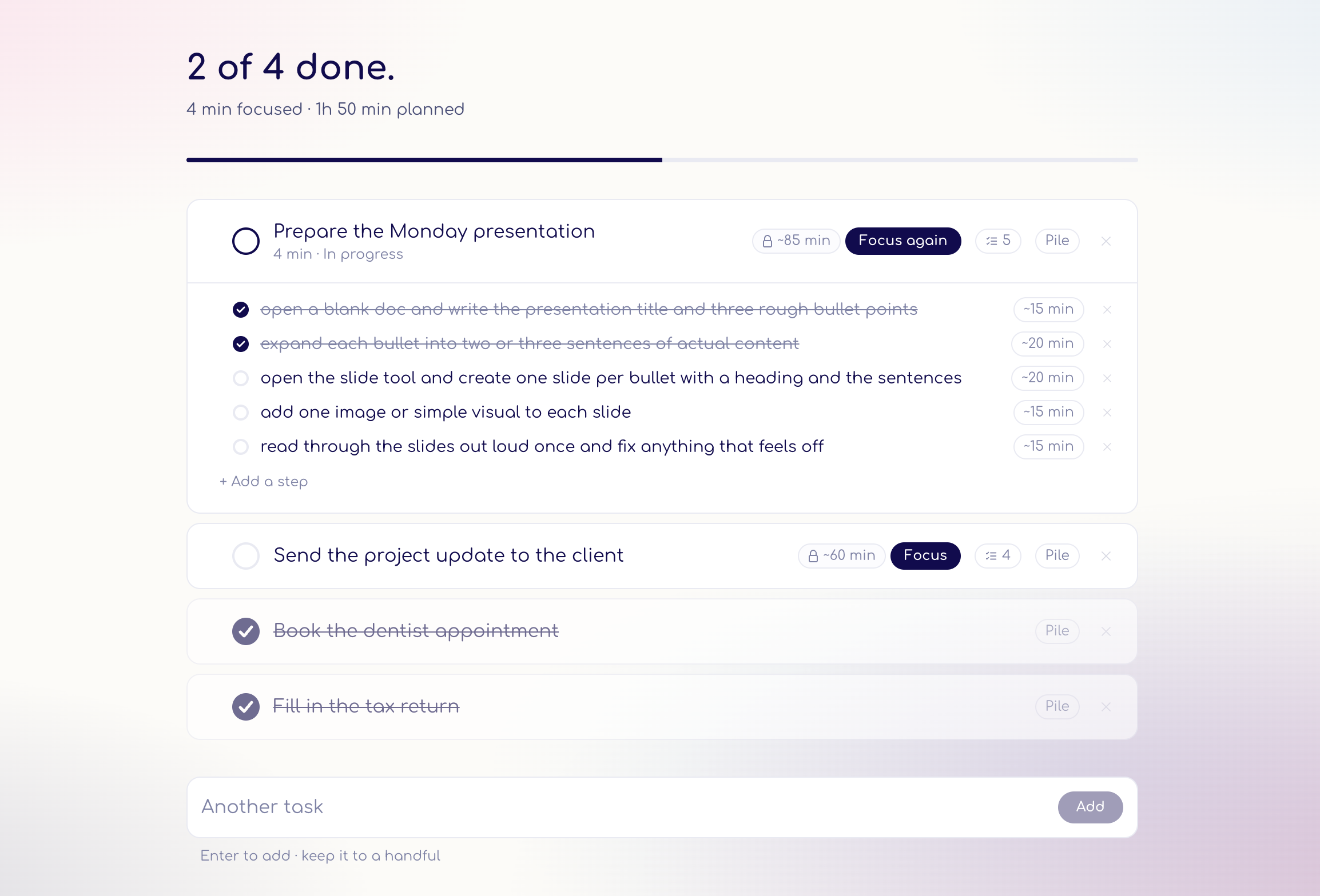 Mossy day planner - today's tasks with steps and time estimates